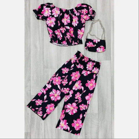 Girl's Black & Pink Floral Top, Trousers & Bag Set