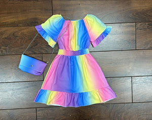 Girl's Purple & Blue rainbow Dress & Bag