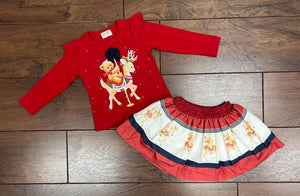 Girl's Red Christmas Carousel Bear & Dear Top & Skirt Set