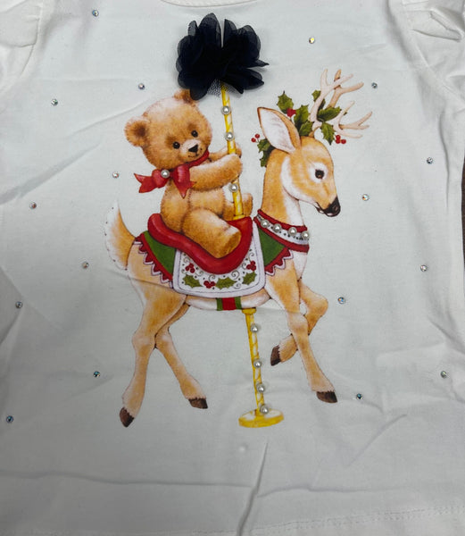 Girl's Navy Carousel Bear & Reindeer Style Top & Skirt Set