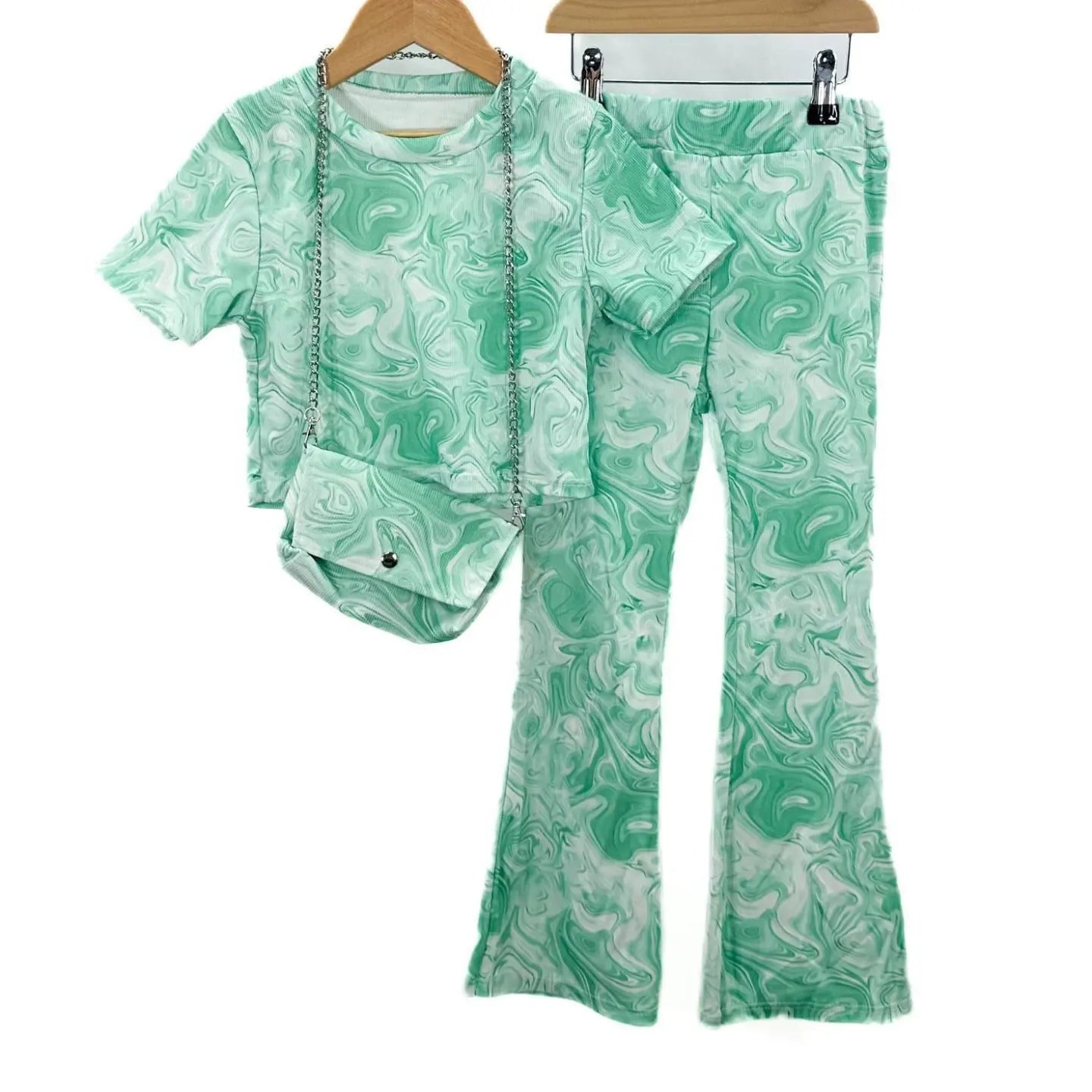 Girl's Green marble top, trousers and handbag set