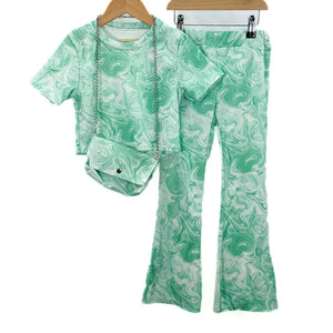 Girl's Green marble top, trousers and handbag set