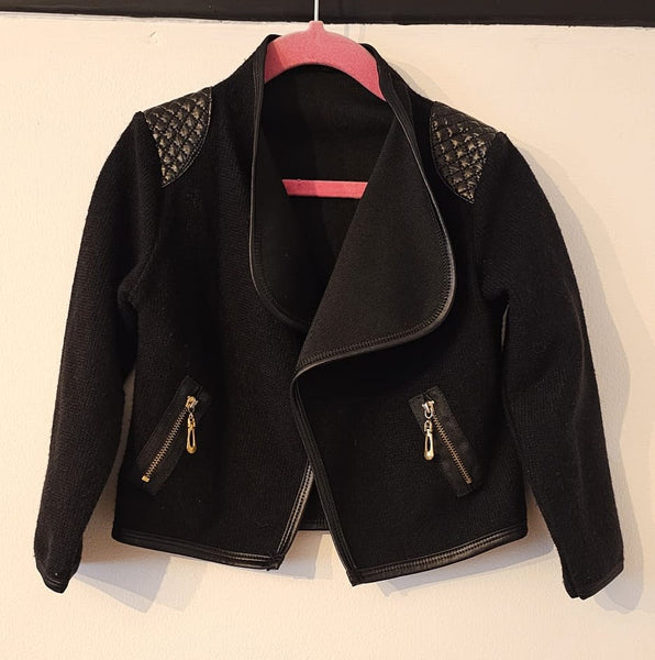 Girl's Black waterfall jacket with quilted faux leather patches