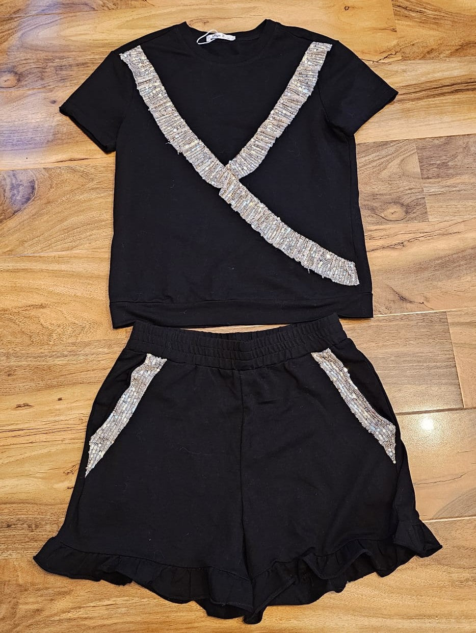 Girl's Black & Silver sequin frill T-shirt & Shorts Set