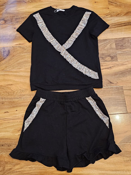 Girl's Black & Silver sequin frill T-shirt & Shorts Set