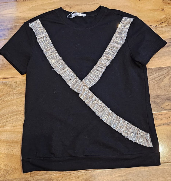 Girl's Black & Silver sequin frill T-shirt & Shorts Set