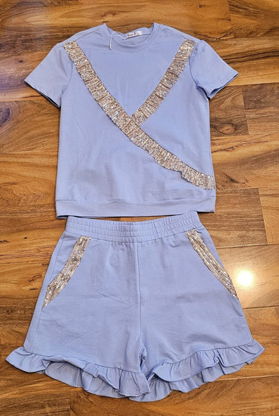 Girl's Blue and silver sequin frill Top & Shorts Set