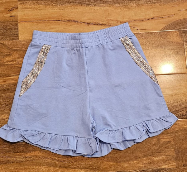 Girl's Blue and silver sequin frill Top & Shorts Set