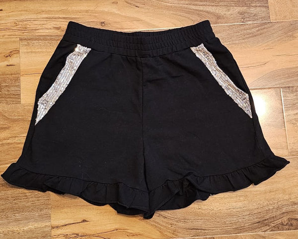 Girl's Black & Silver sequin frill T-shirt & Shorts Set