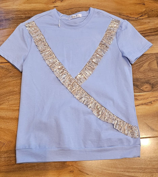 Girl's Blue and silver sequin frill Top & Shorts Set