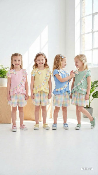 Girls Yellow frilly multicoloured shorts and vest set