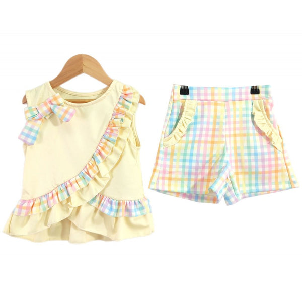 Girls Yellow frilly multicoloured shorts and vest set
