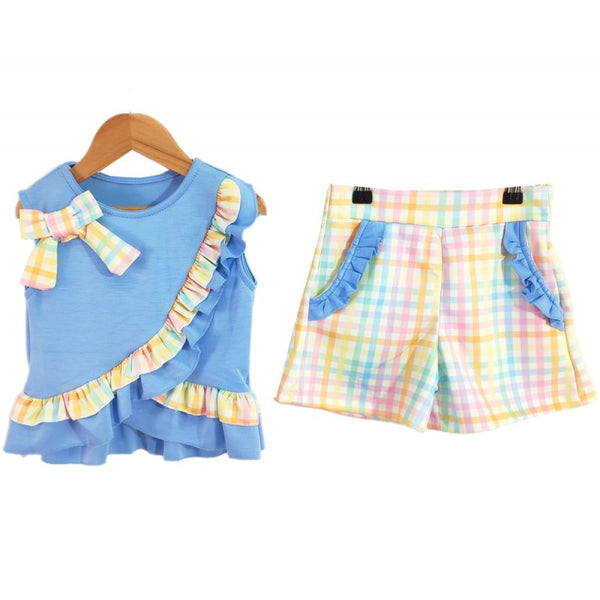 Girls blue frilly multicoloured shorts and vest set