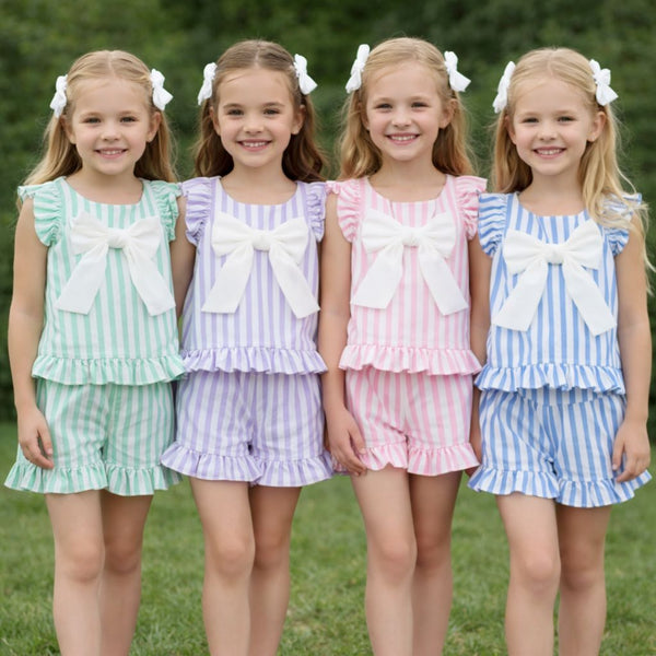 Girls mint stripe short and top set with bow