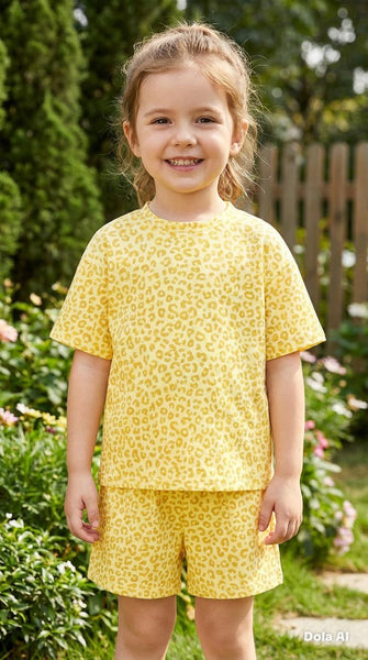 Girls yellow leopard print Tshirt and short set