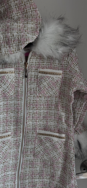 Girl's 3 Piece Pink jacket with white faux Fur Trim Jacket, Dress & Hat Set