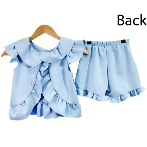 Girls frilly top and short set (blue)