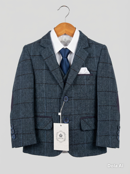 Boys tweed blue 3 piece suit