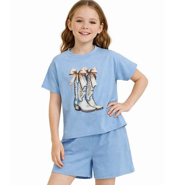 Girls blue cowgirl boots T-shirt & short set