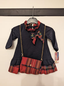 Girl's Navy with Red Tartan trim & Bow