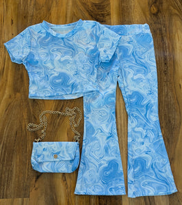 Girl's Light Blue marble trousers, top and matching bag set