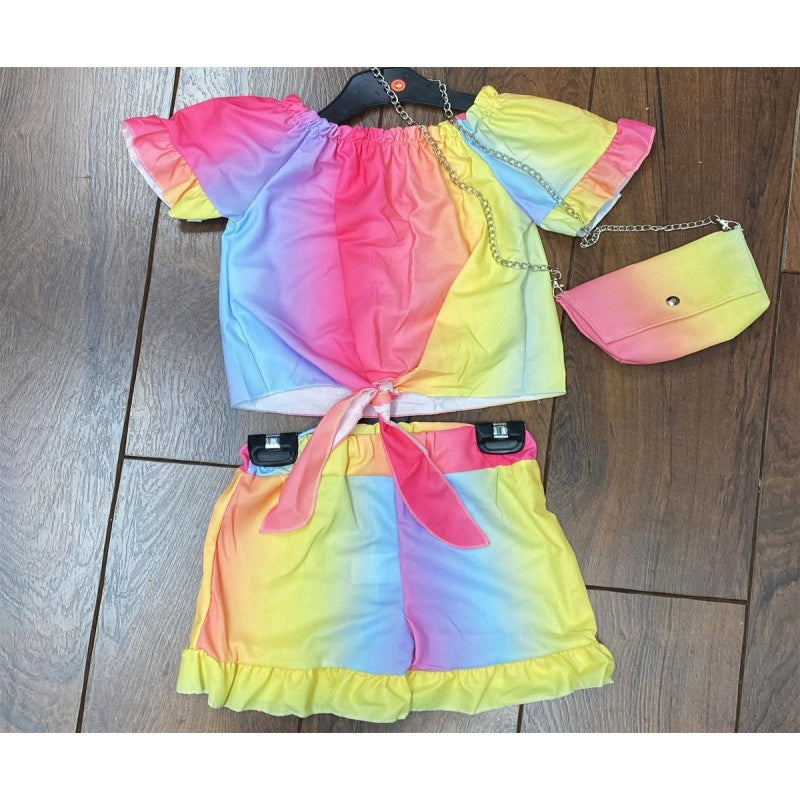 Girl's Pink Rainbow Shorts, Top & Bag Set