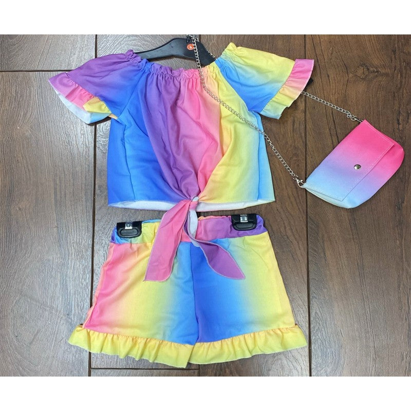 Girl's Blue Rainbow Mix Shorts, Top & Bag Set
