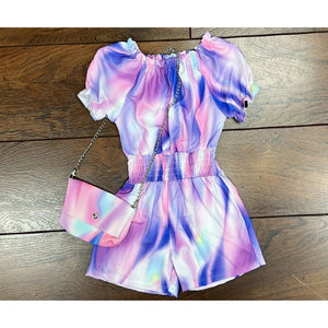 Girl's purple/pink marble rainbow palysuit & bag Set