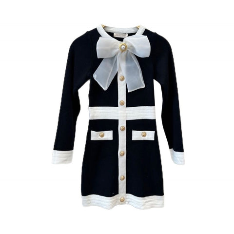Girl's Black and White Body Con Dress with Bow