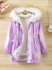 Girl's Purple Irridescent, Shiny Parka style Raincoat jacket with faux fur trim hood
