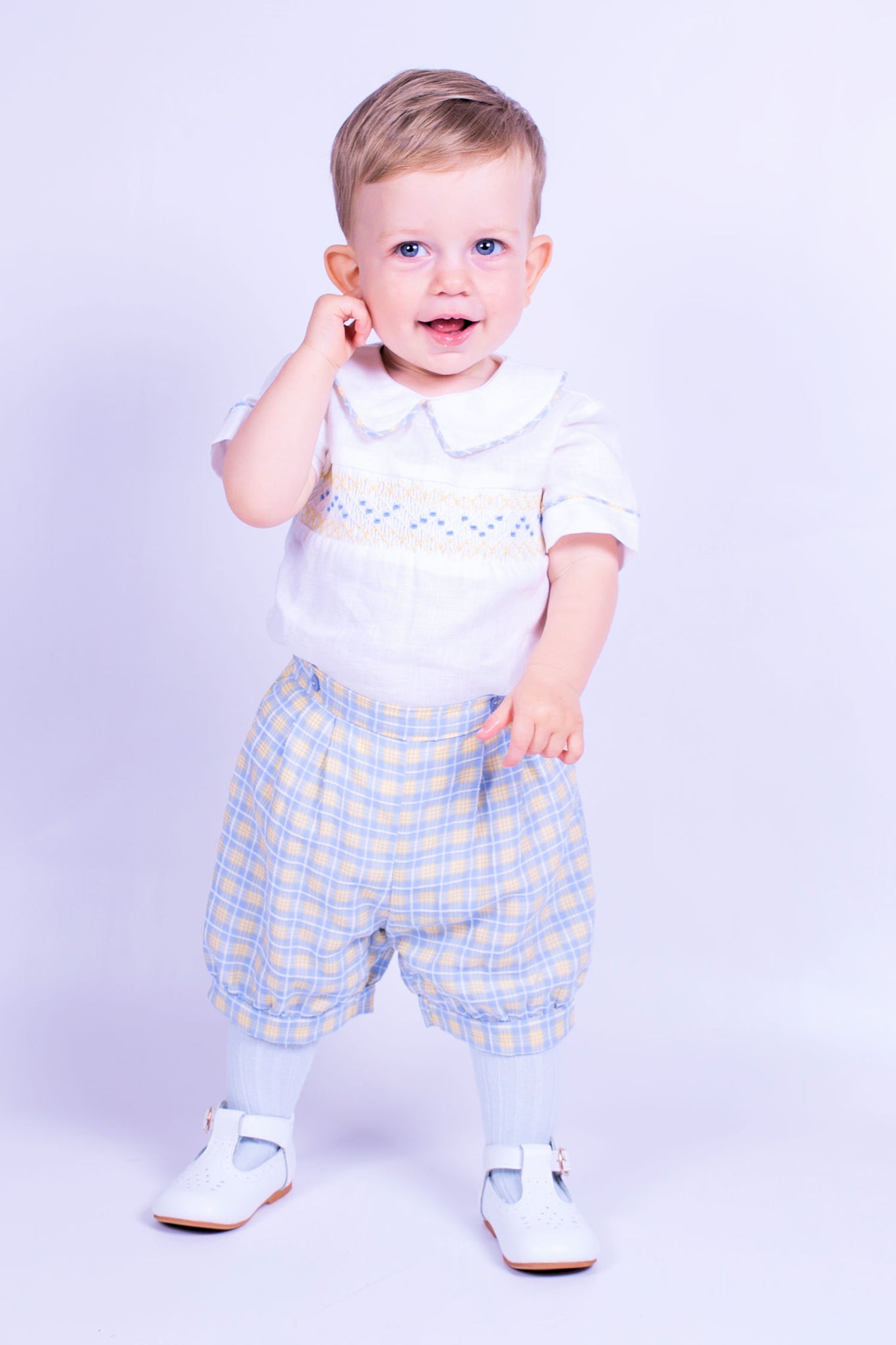 Baby Boys  Smocked Shirt & Checked blue and yellow Shorts set