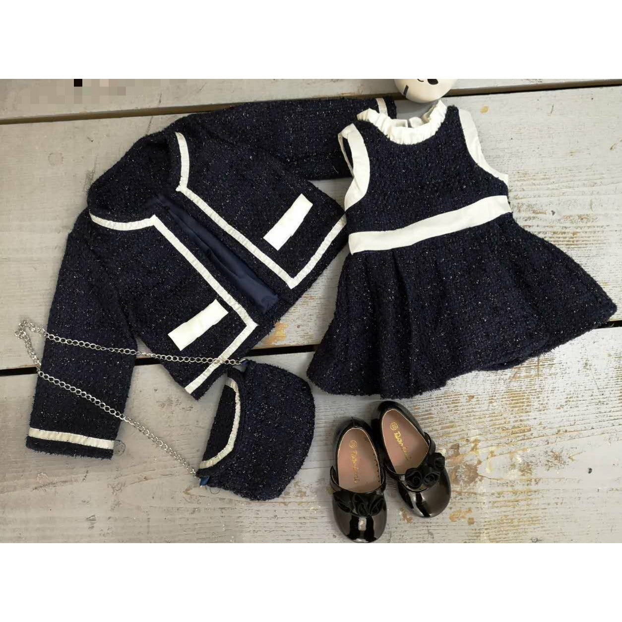 Baby Girl's Navy and White Tweed Dress, Jacket & Bag Set