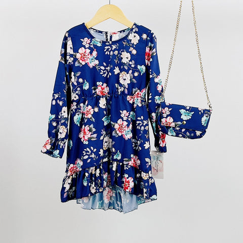 Girl's Blue Floral Long Sleeve Dress & Bag