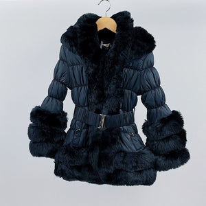Girl's Black Quilted faux fur hooded coat
