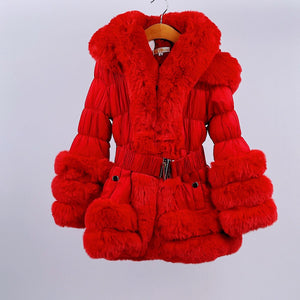 Girl's Red Quilted Faux Fur Coat