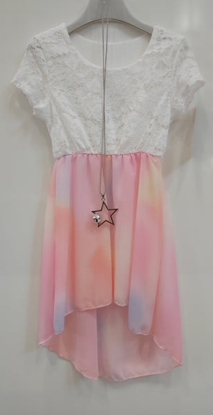 Girl's Pink pastel mix Dip Hem Dress & necklace