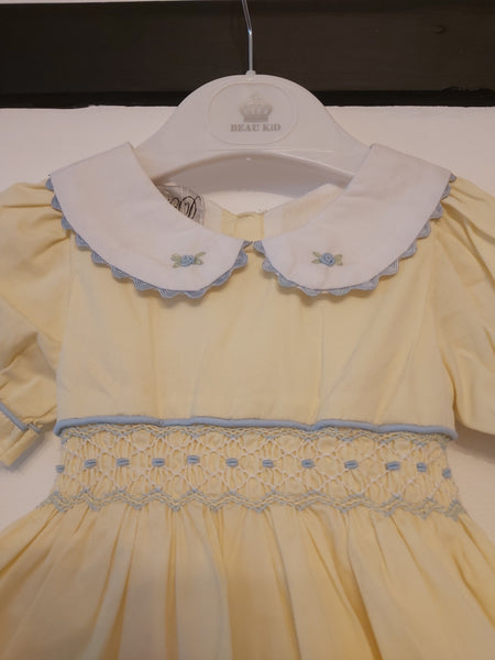 Baby & Girls Lemon yellow smock dress with blue pipeing
