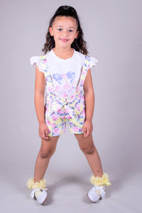 Girl's Floral Dungaree Shorts & Top Set