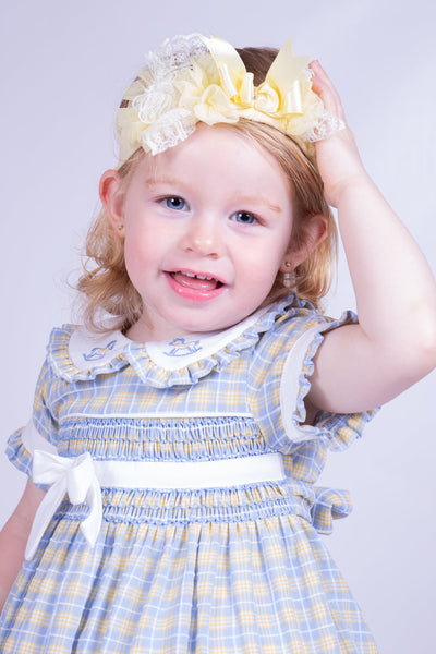 Baby & Girl's Blue & Yellow Check Smock Rocking Horse Dress