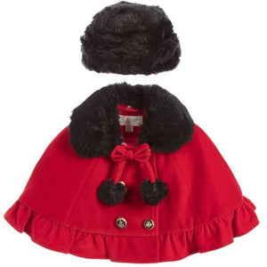 Girl's Couche Tot Red Cape with Black Faux Fur Collar and Hat