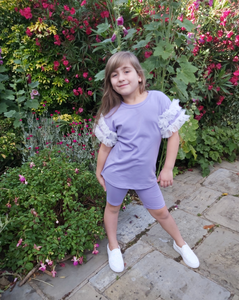 Girls Lilac Ruffle Sleeve T-shirt & Cycling Shorts