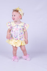 Baby Girl's Yellow & Pink floral Short frilly Bow Romper