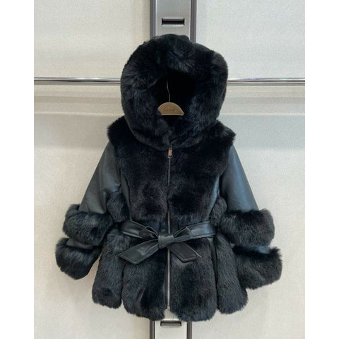 Girl's Black Faux Fur and Leather Hooded Coats