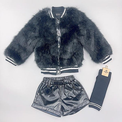 Girl's Black faux fur bomber jacket, Shorts & knee high socks