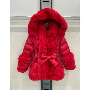 Girls Red Faux Fur Padded Puffer Hooded Coat with Belt