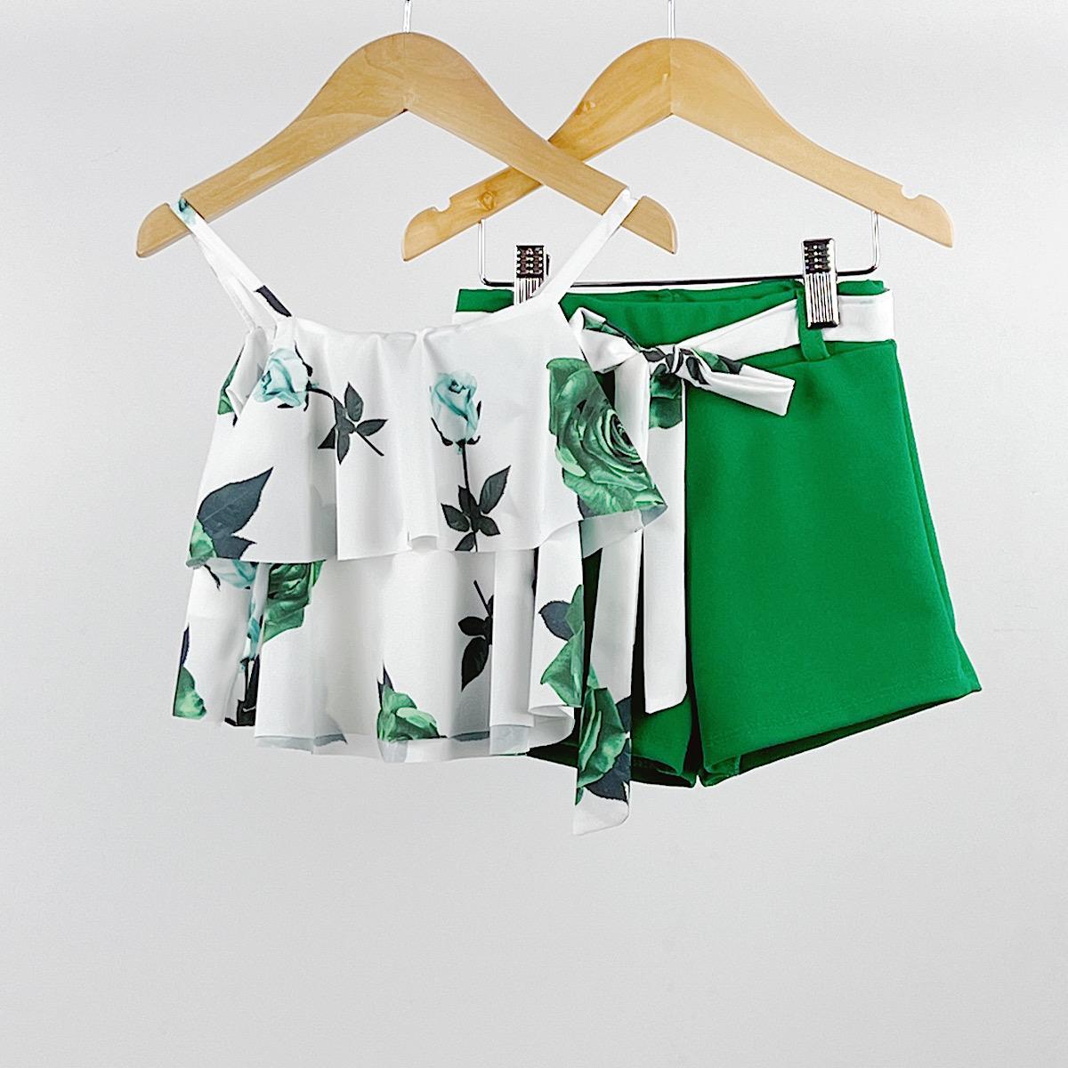 Girl's Emerald Green Floral Top & Shorts