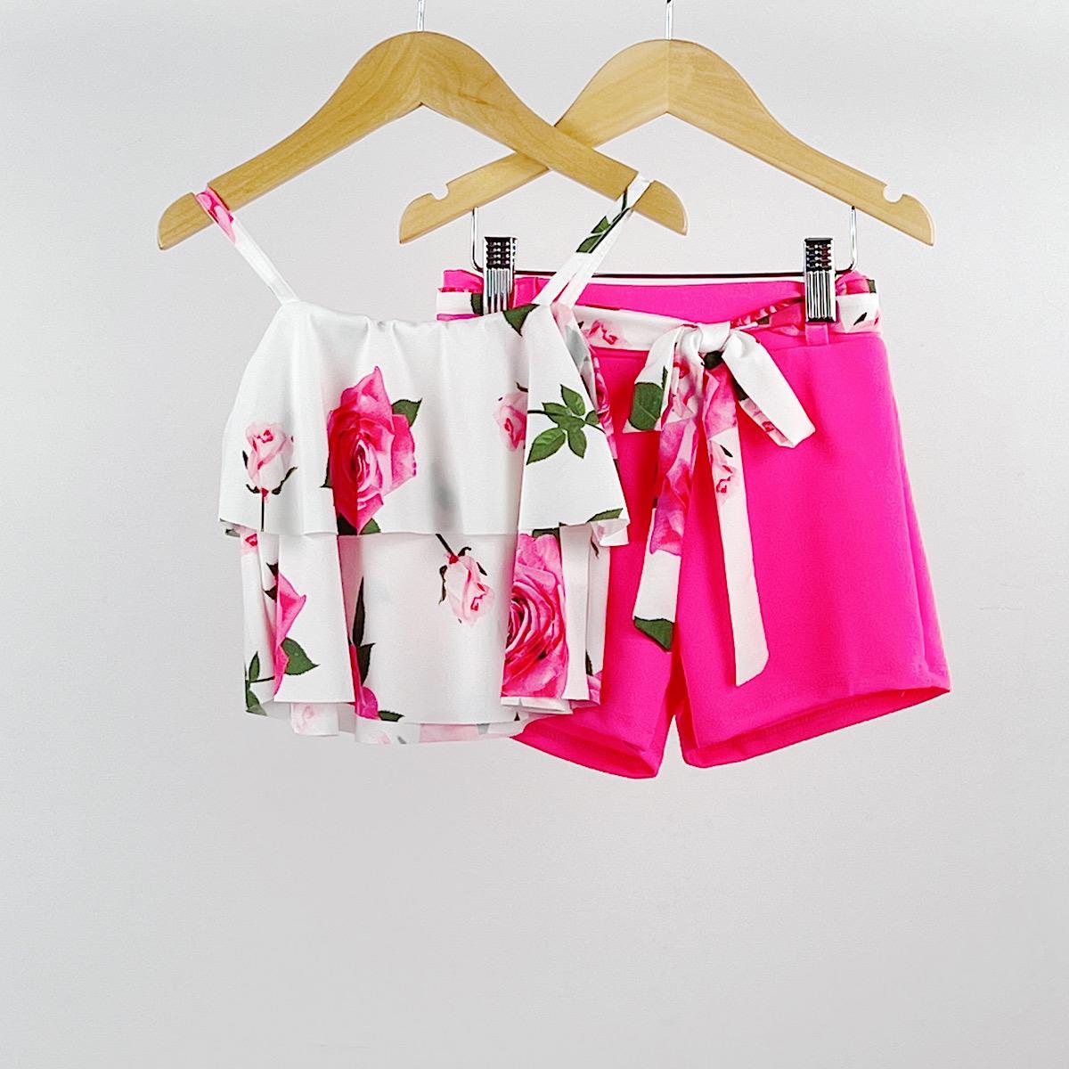 Girl's Floral Top & Pink Short Set