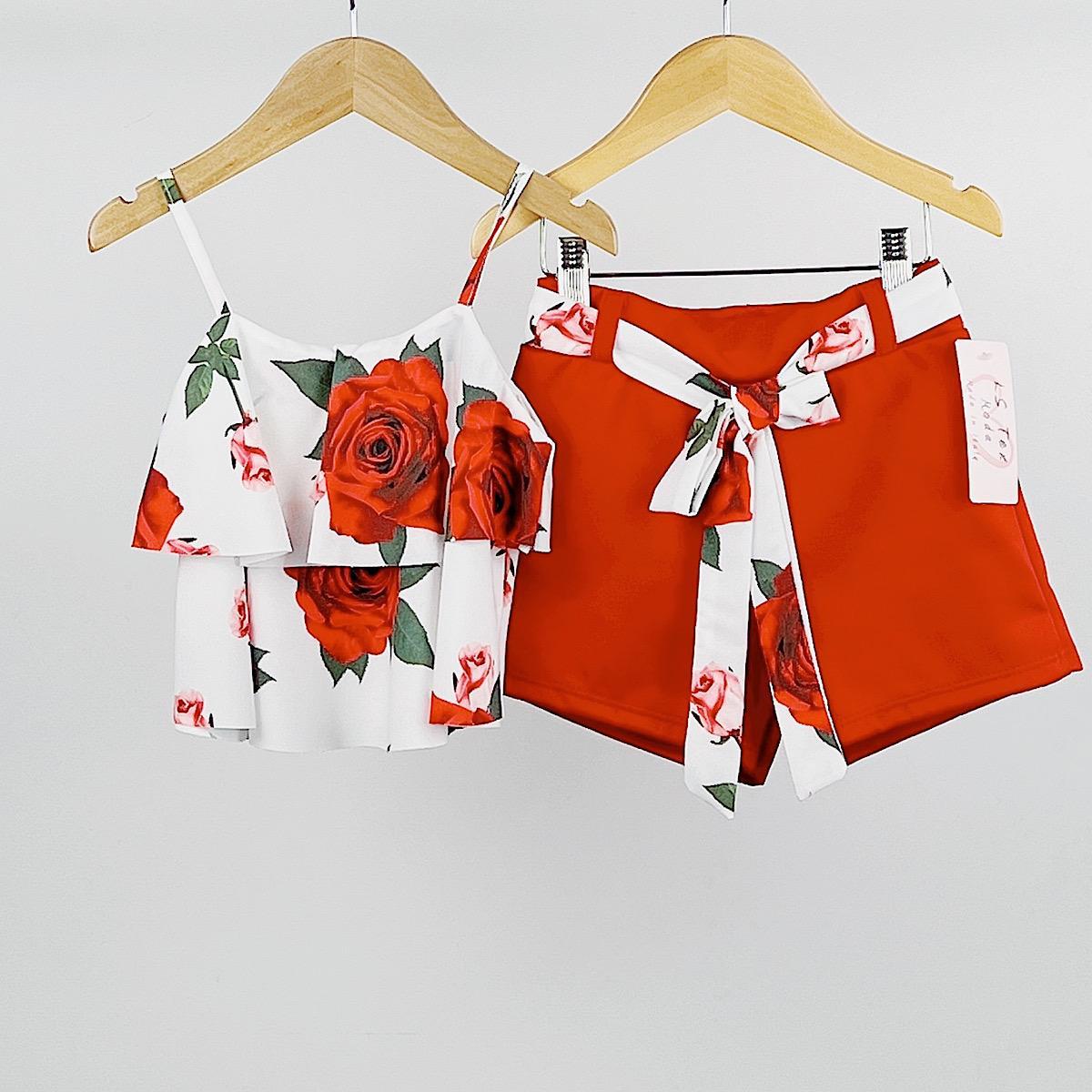 Girl's Floral Top & Red Shorts Set