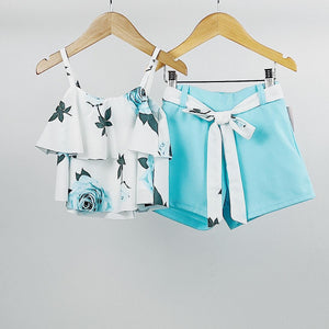 Girl's Aqua Floral Top & Shorts Set