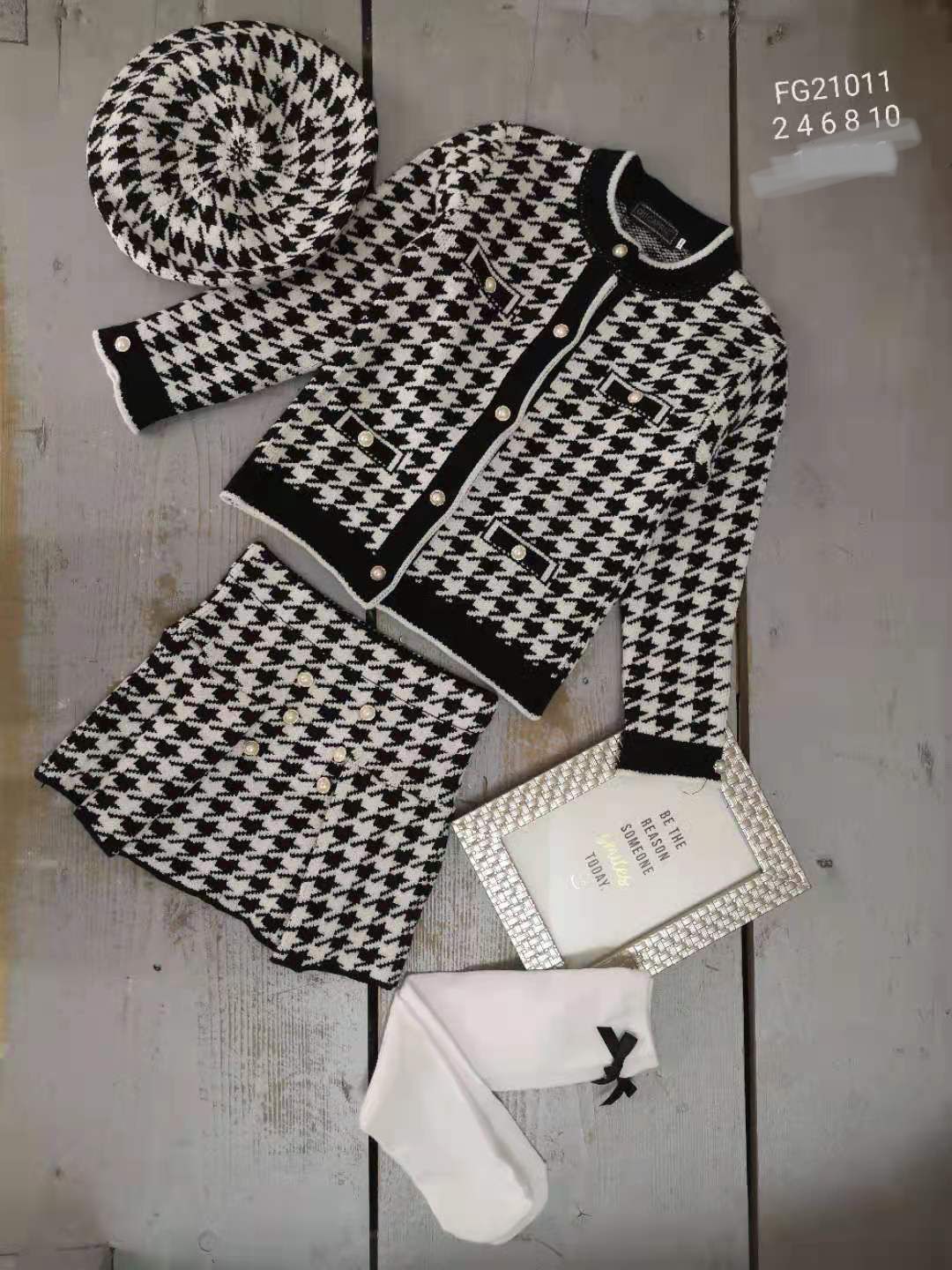 Girl's Black and White houndstooth Knitted Skirt, jumper, hat & Matching Socks Set